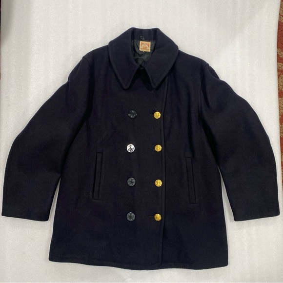 Vintage Men’s Heavy Wool Lined Pea Coat Double Breasted Brass/Plastic Buttons L - Picture 2 of 15